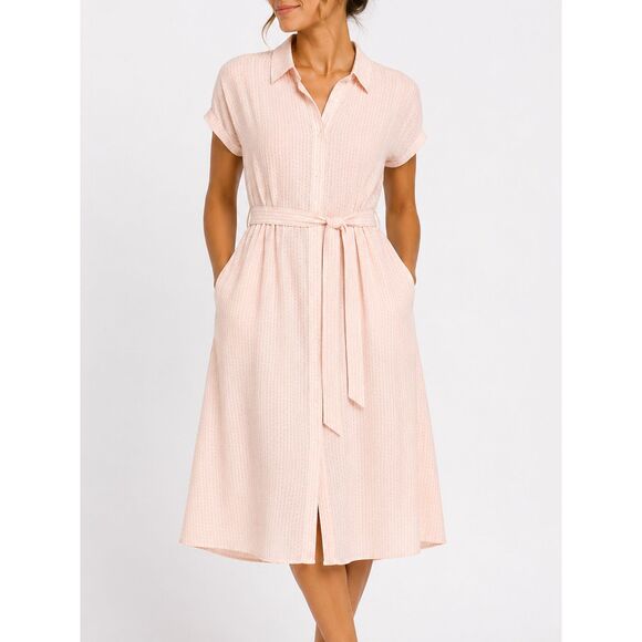 LOFT Dresses & Skirts - LOFT Pink White Seersucker Belted Midi Shirt Dress Size 10